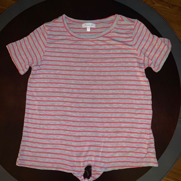 Coral and Grey Striped T - Shirt Girls - Size L - Picture 1 of 4